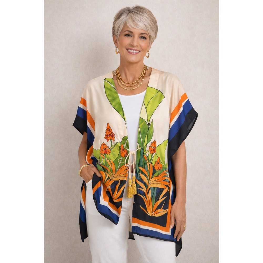 Chicos Tropical Crane Print Kimono Wrap Tassel Tie Front S/M Orange Blue Green